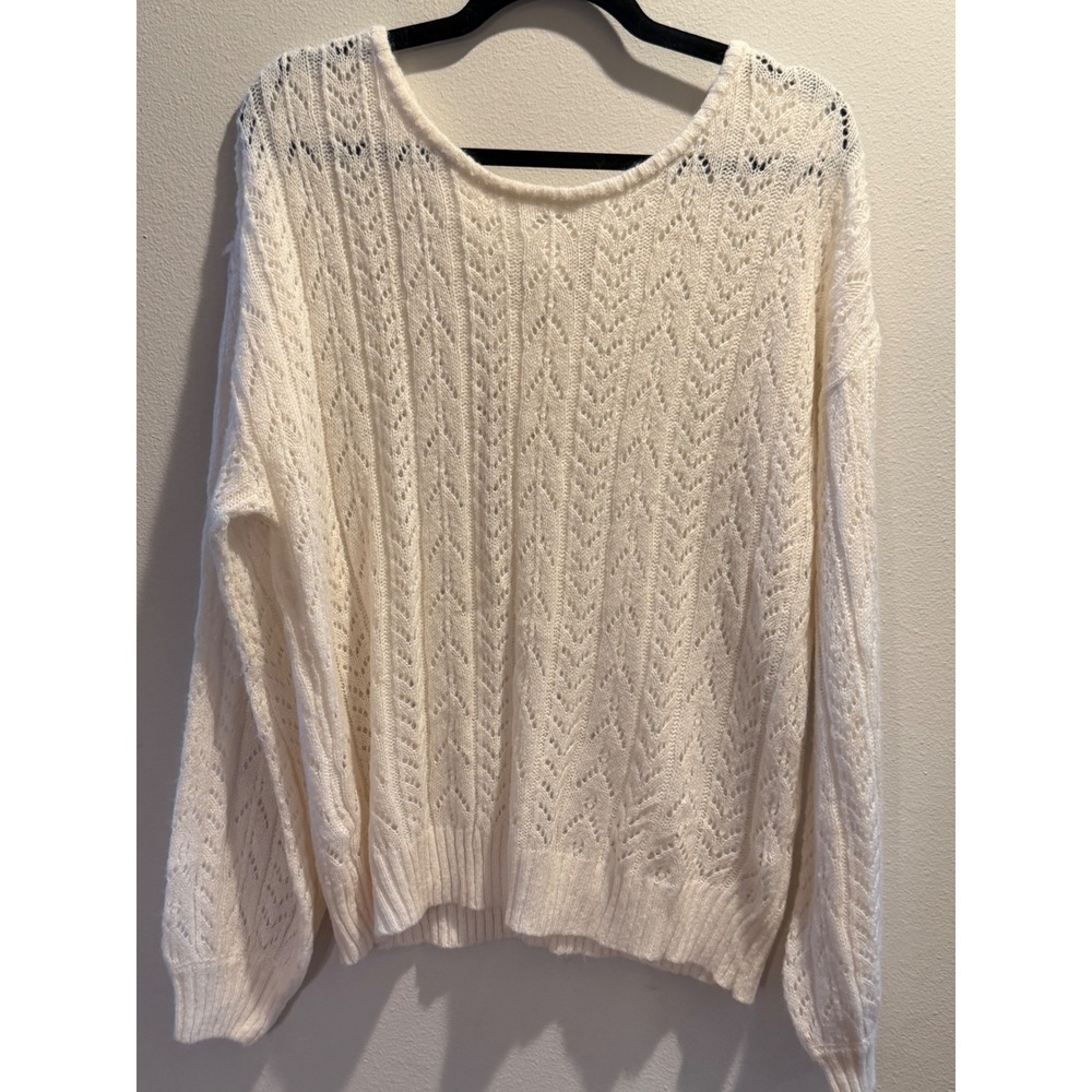 Blu Pepper Cream Pointelle Knit Back Tie Sweater Ivory Chevron Crochet - Picture 3 of 5